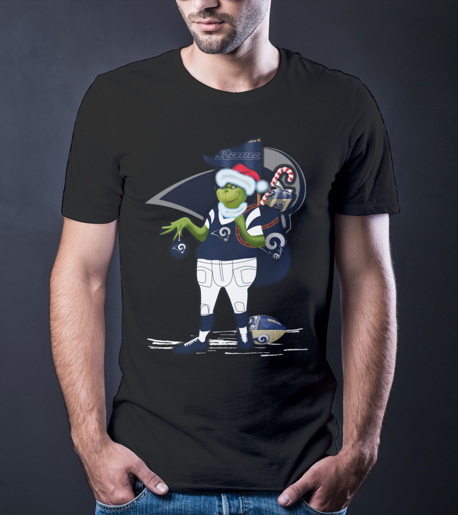 Grinchxmas Los Angeles Rams Football Santa And Candy Cane T-Shirt