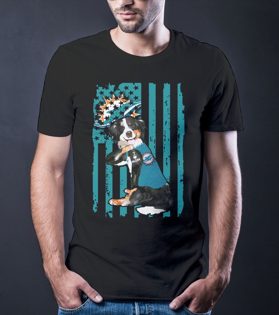 Border Collie I Love Mom Miami Dolphins Flag T-Shirt
