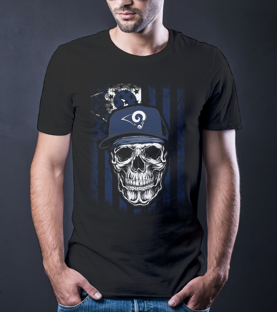 Skull With Los Angeles Rams Cap On American Flag Background T-Shirt