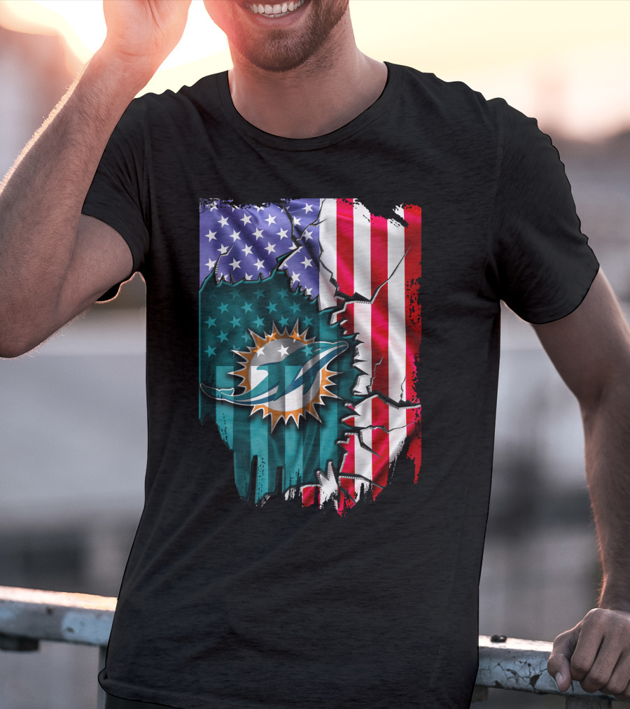 USA Flag Miami Dolphins Logo Cracked Effect T-Shirt