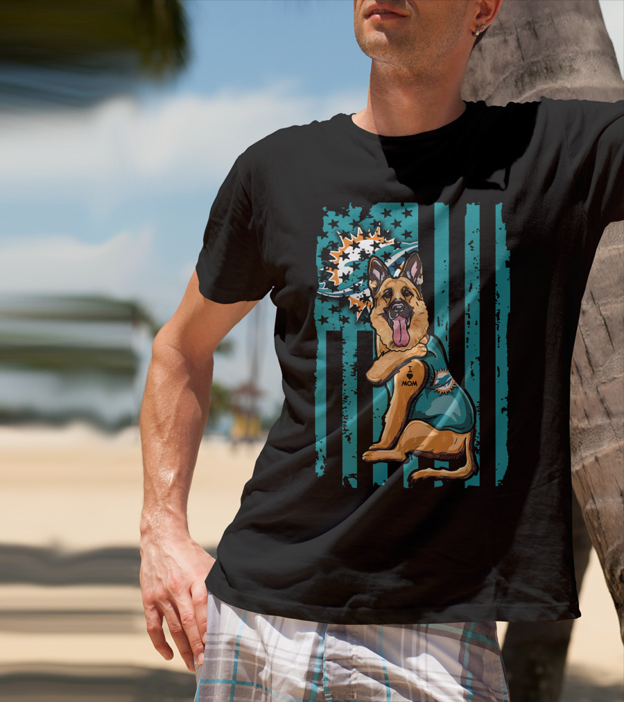 German Shepherd I Love Mom Miami Dolphins Fan T-Shirt