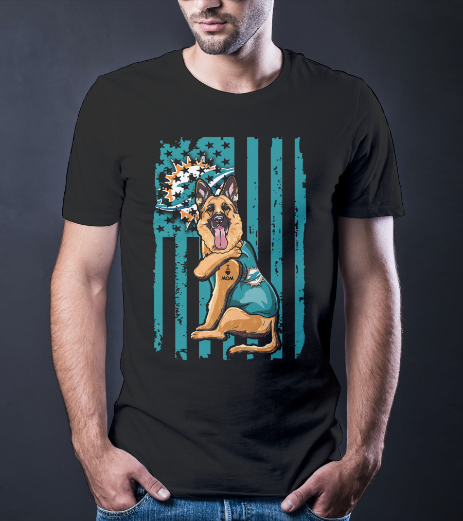 German Shepherd I Love Mom Miami Dolphins Fan T-Shirt