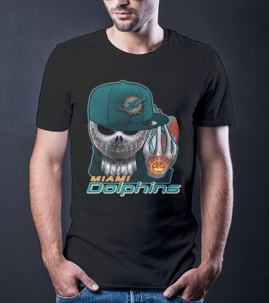 Miami Dolphins Skull With Jack-O'-Lantern Glove T-Shirt
