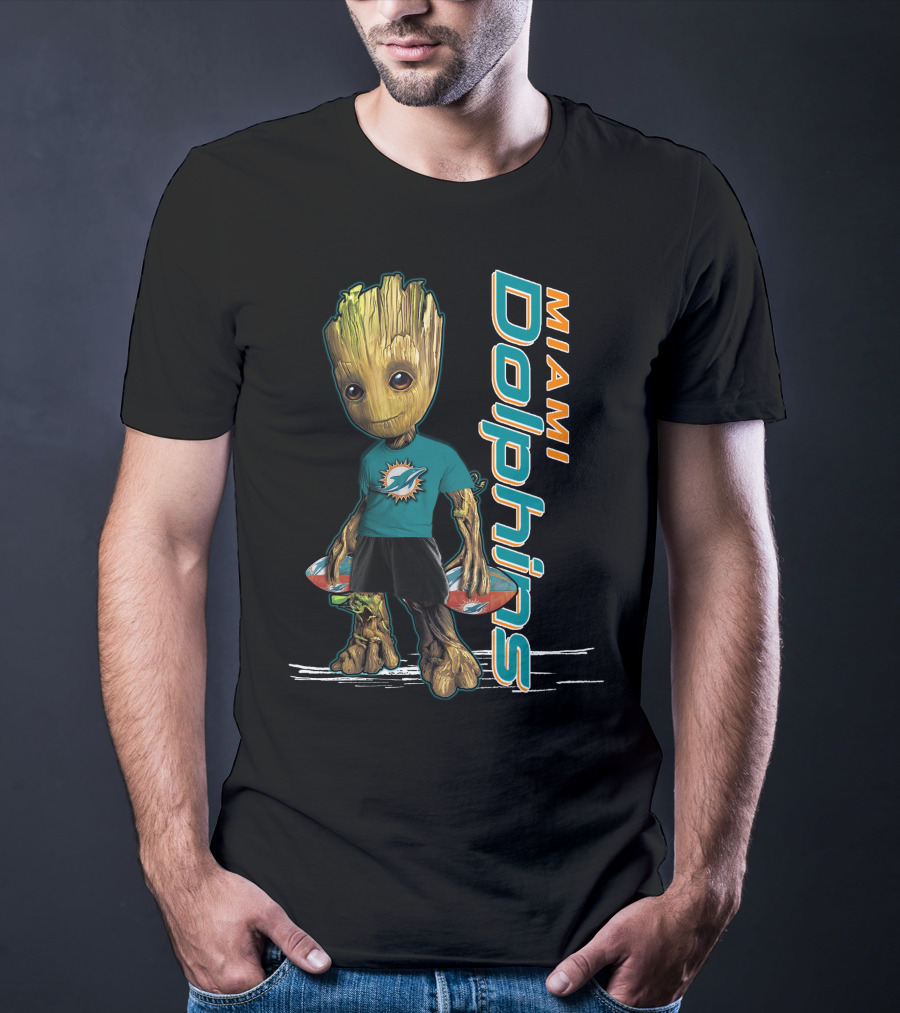 Groot Wearing Miami Dolphins Merchandise With Team Logo And Sports T-Shirt