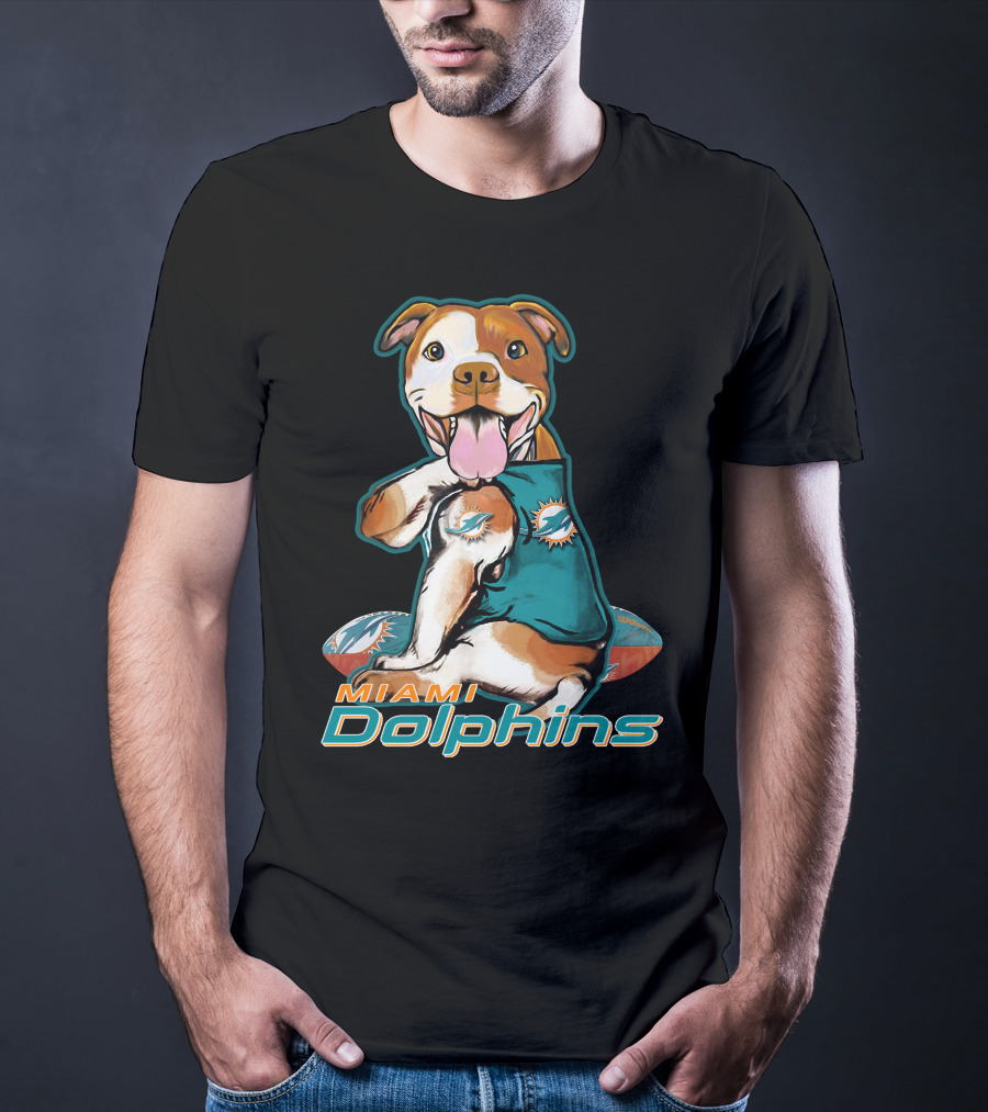 Pittbull Wearing Miami Dolphins Jersey With Logo And Football T-Shirt