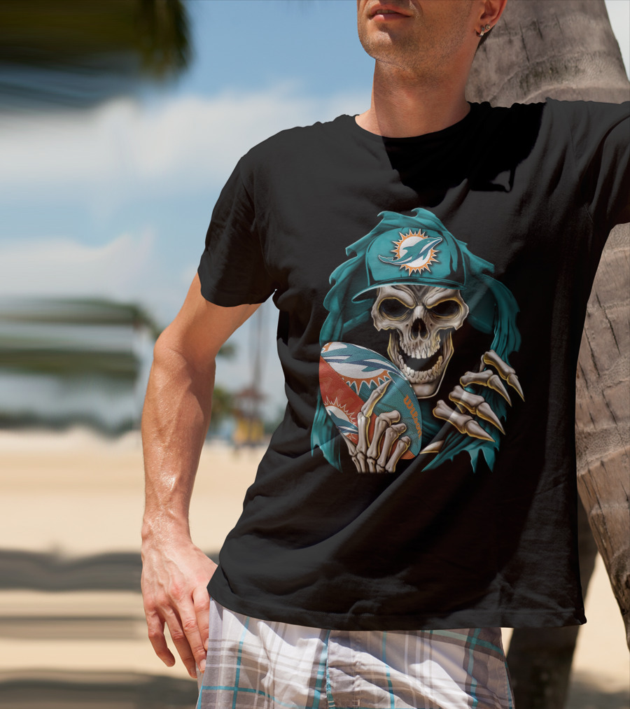 Skullbong Miami Dolphins Football Skeleton T-Shirt