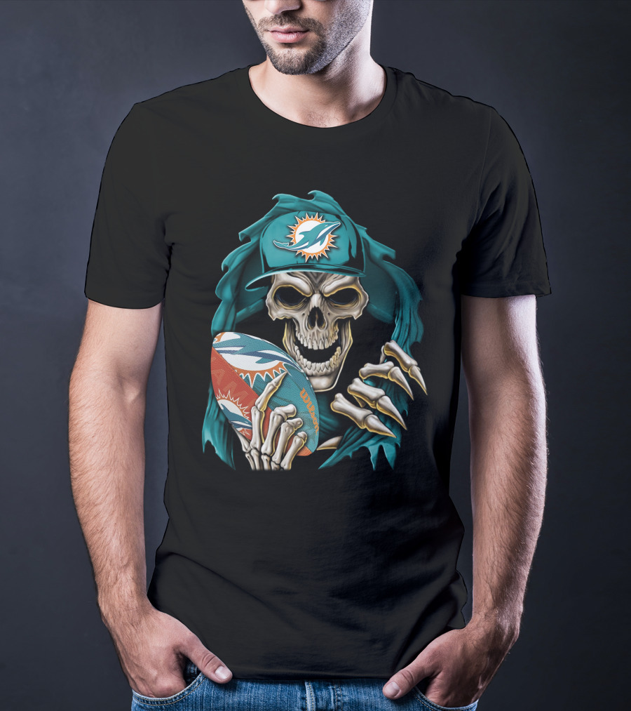 Skullbong Miami Dolphins Football Skeleton T-Shirt