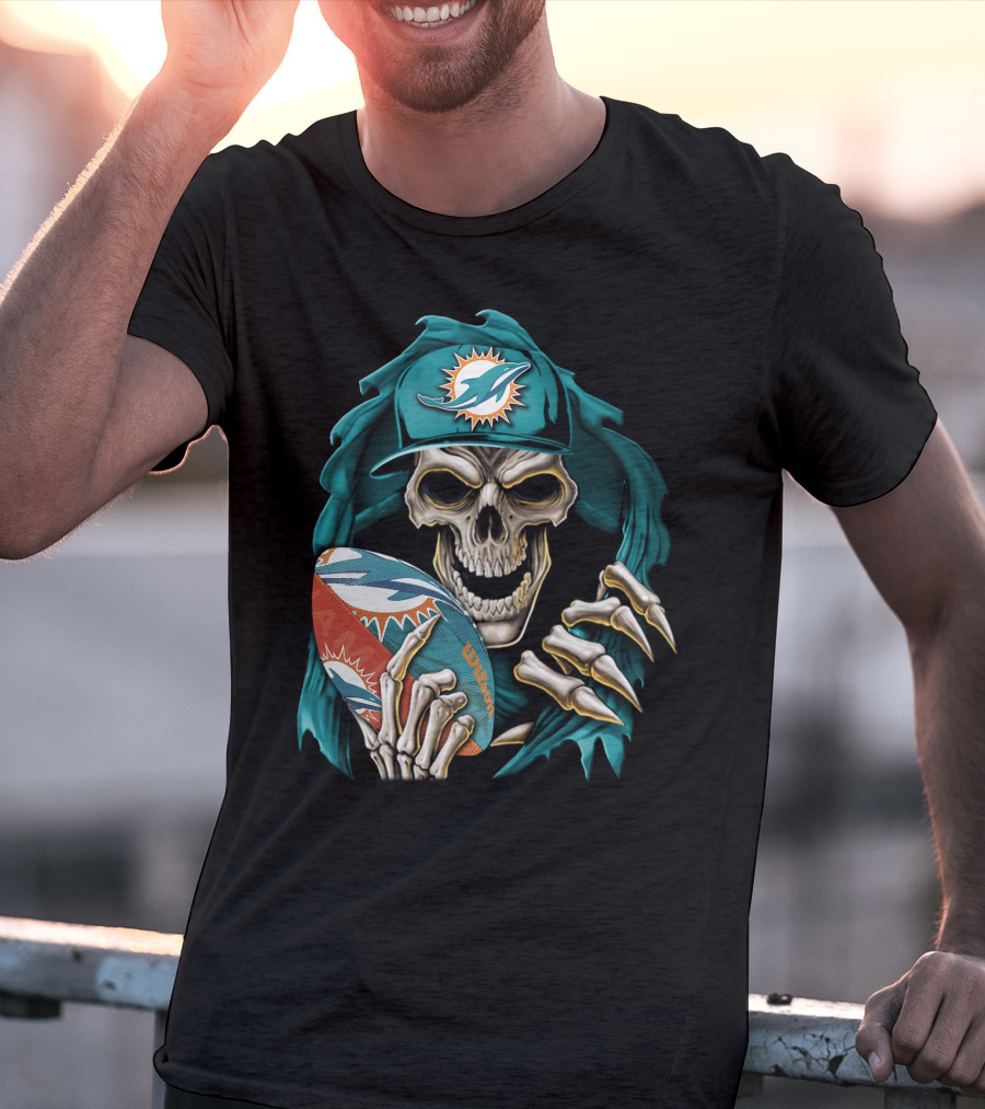 Skullbong Miami Dolphins Football Skeleton T-Shirt