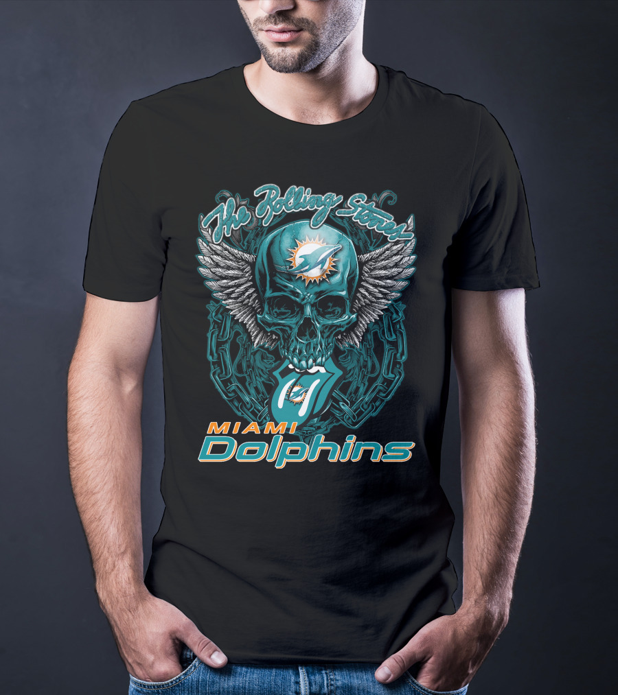 The Rolling Stones Miami Dolphins Skull With Wings Iconic Tongue T-Shirt