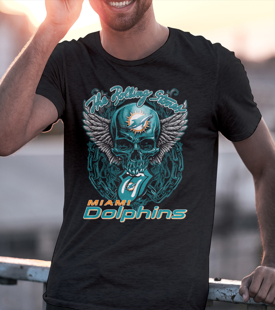 The Rolling Stones Miami Dolphins Skull With Wings Iconic Tongue T-Shirt