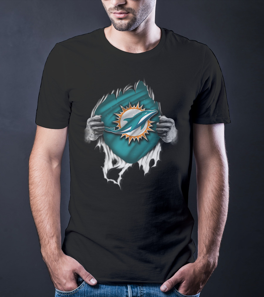 Torn Miami Dolphins Emblem With Hands Peeling Effect T-Shirt