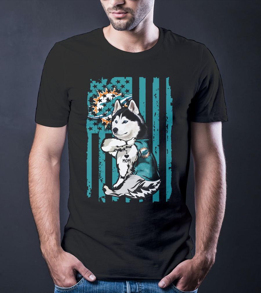 Siberian Husky Miami Dolphins Heart Mom Football Fan Flag T-Shirt