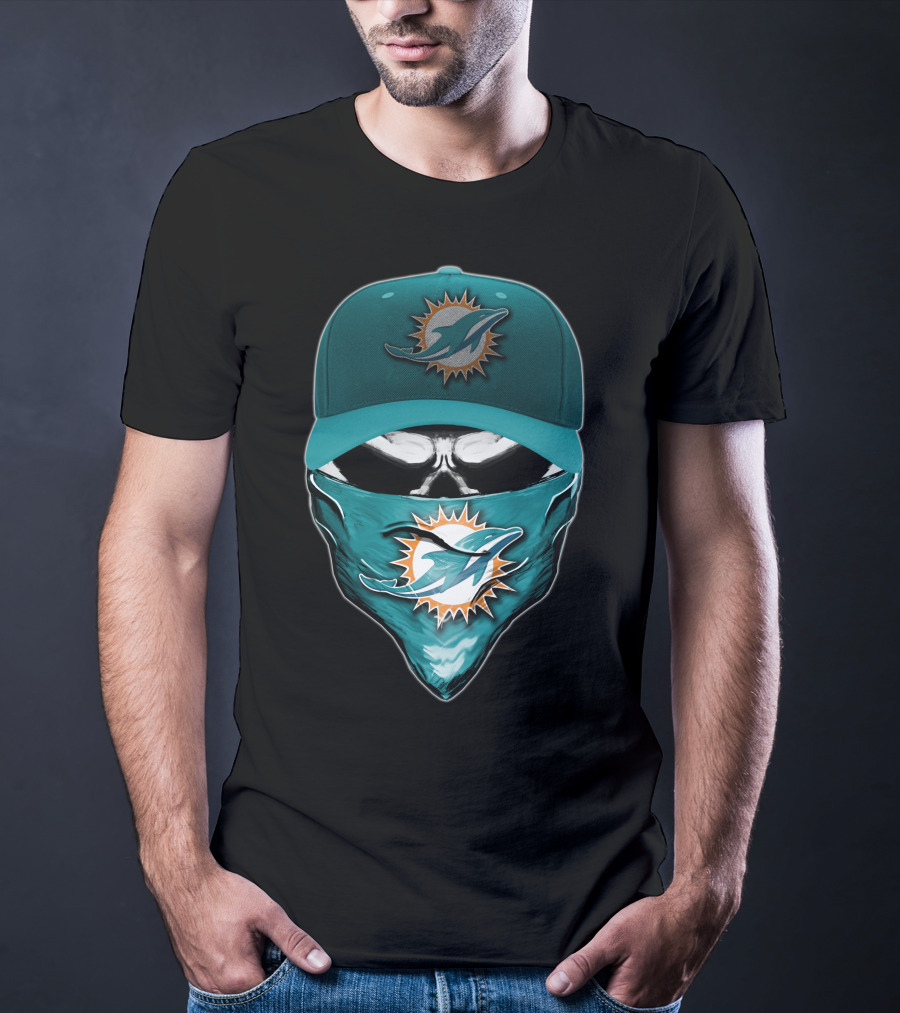 Skull Miami Dolphins Logo Hat And Bandana T-Shirt