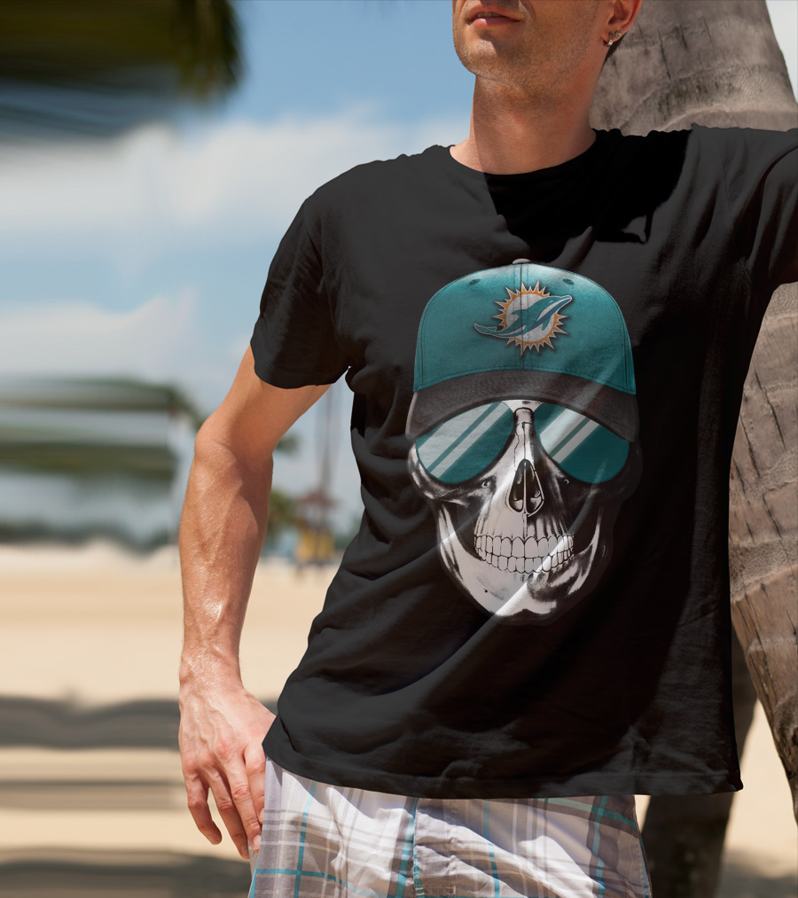 Skull With Miami Dolphins Hat And Sunglasses T-Shirt