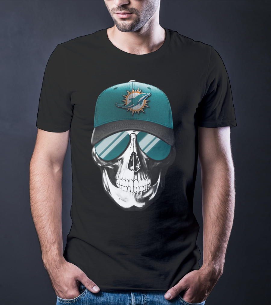 Skull With Miami Dolphins Hat And Sunglasses T-Shirt
