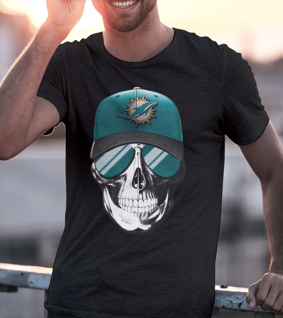 Skull With Miami Dolphins Hat And Sunglasses T-Shirt