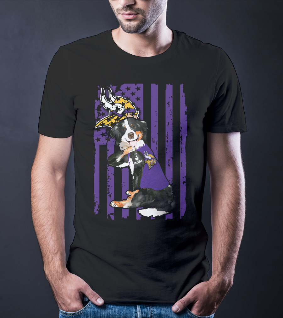I Love Mom Border Collie With Minnesota Vikings Flag Background T-Shirt