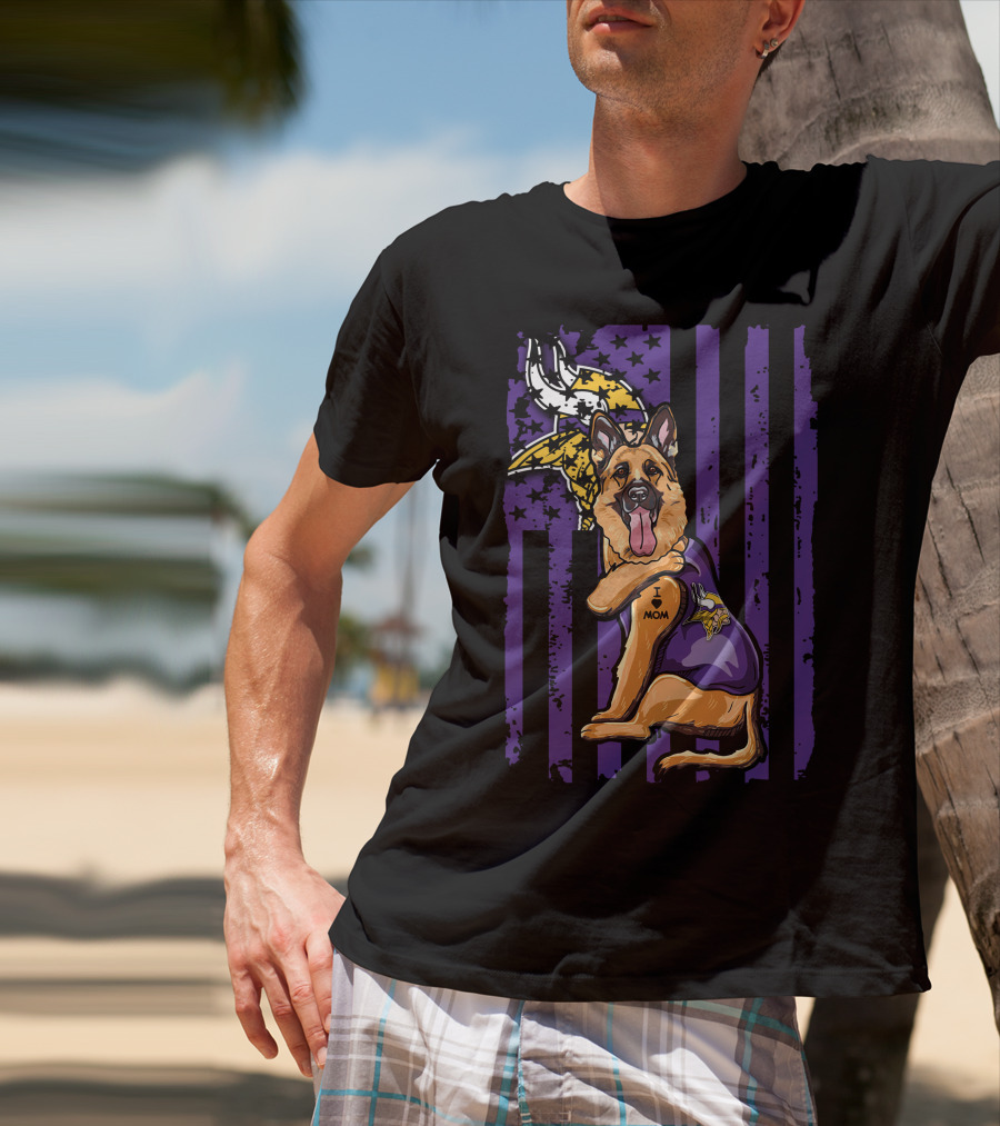 German Shepherd Minnesota Vikings Dog Wearing Jersey With Vikings Logo And I Love Mom Tattoo T-Shirt