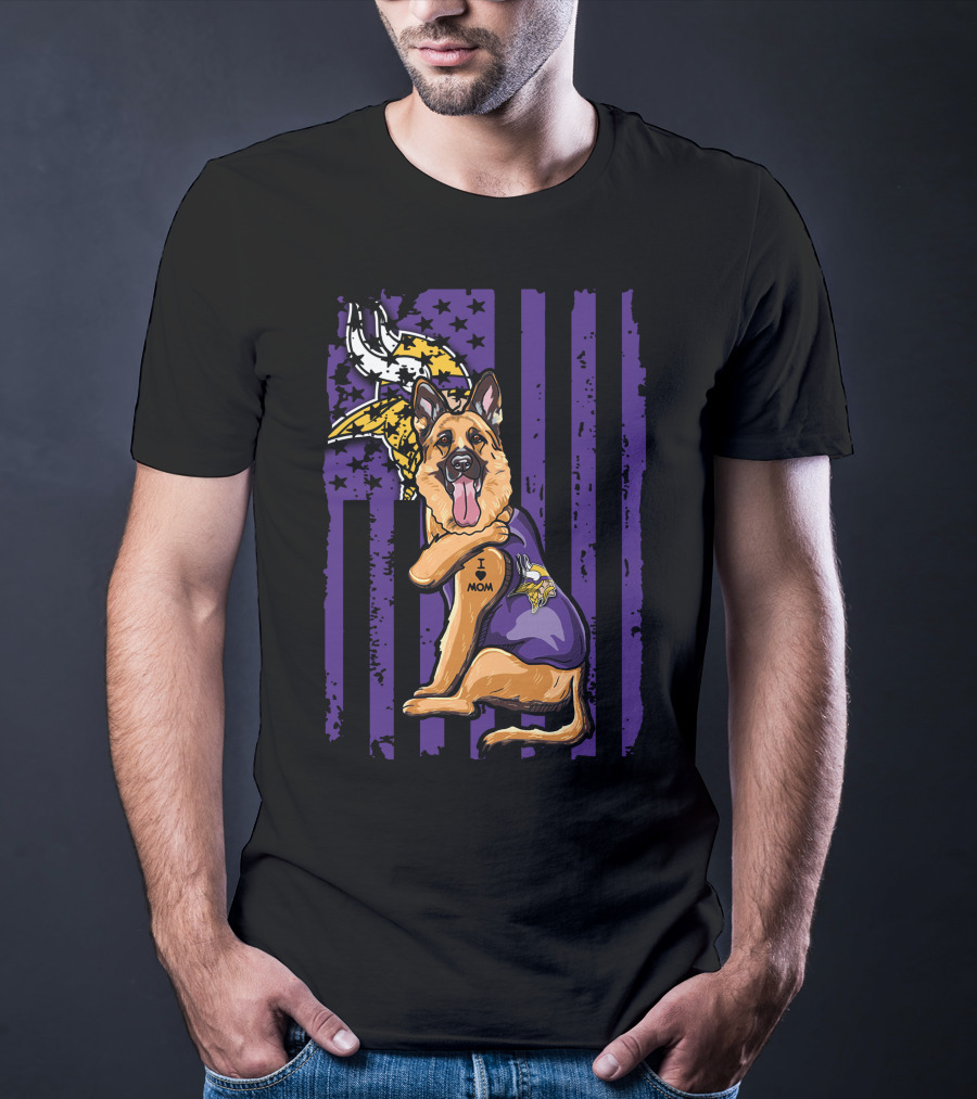 German Shepherd Minnesota Vikings Dog Wearing Jersey With Vikings Logo And I Love Mom Tattoo T-Shirt
