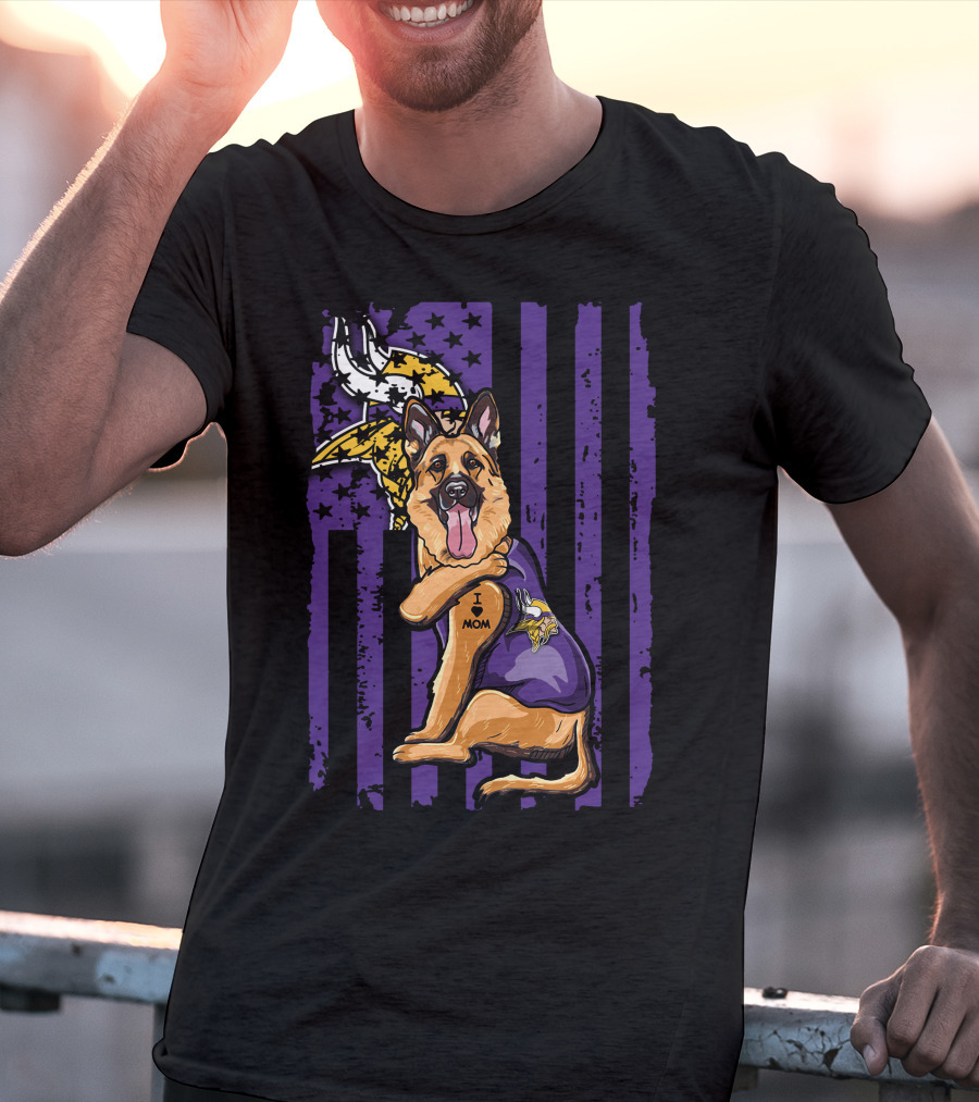 German Shepherd Minnesota Vikings Dog Wearing Jersey With Vikings Logo And I Love Mom Tattoo T-Shirt