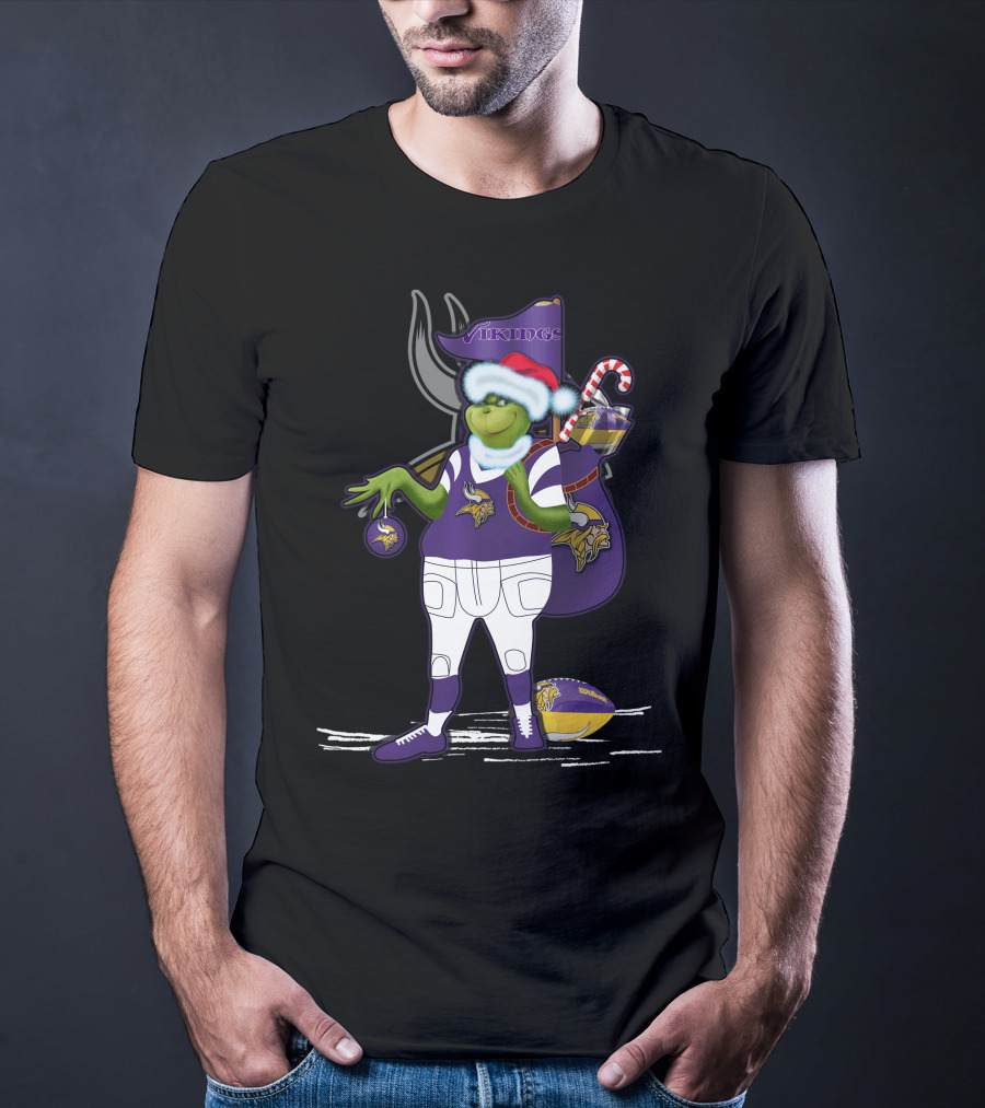 Grinchxmas Minnesota Vikings Santa Hat Candy Cane Football T-Shirt