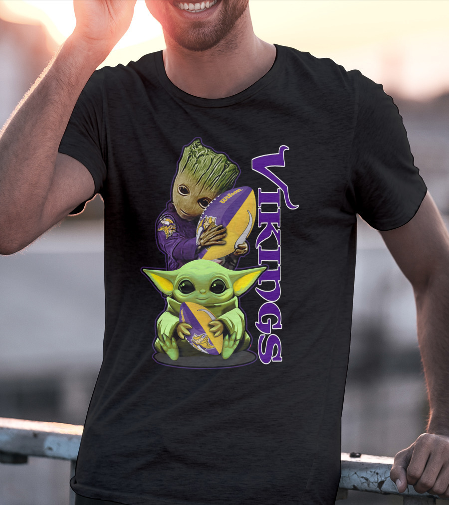 Grzd Minnesota Vikings Groot And Baby Yoda Football Fan T-Shirt