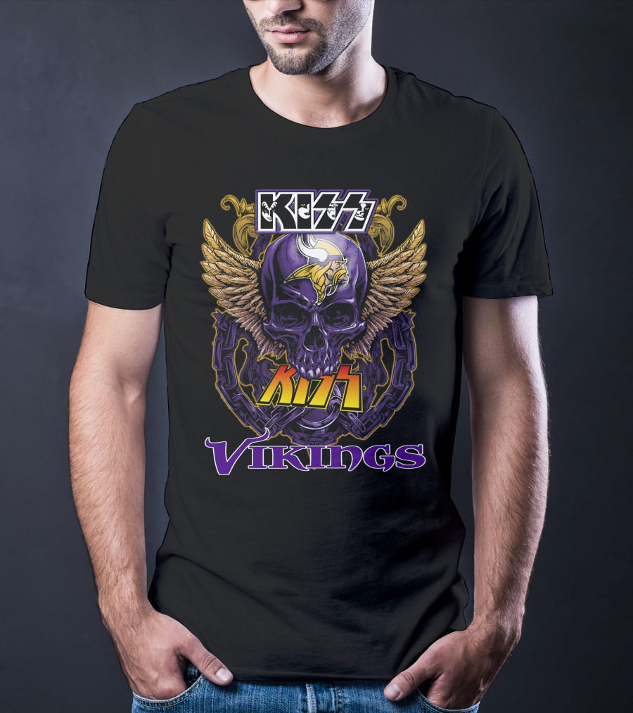 Kiss Vikings Skull With Minnesota Vikings Logo And Wings T-Shirt