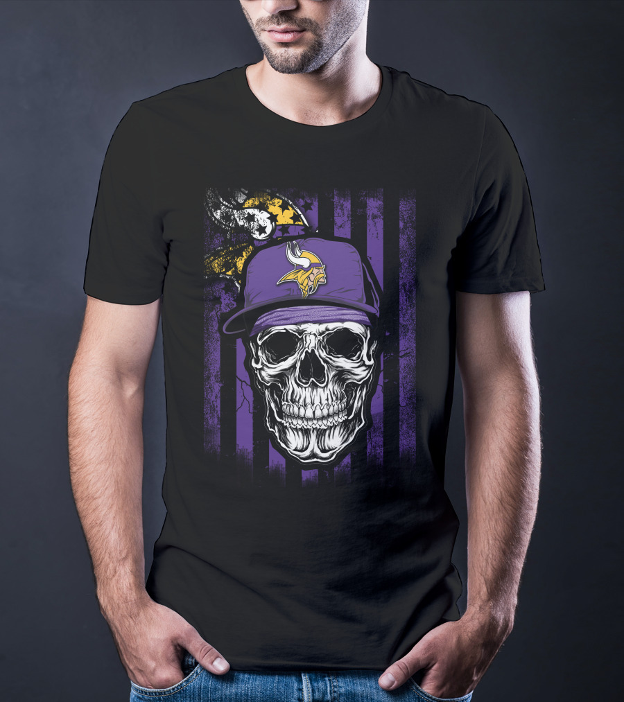Skull With Minnesota Vikings Hat And Viking Logo On Purple And Black Stripes T-Shirt