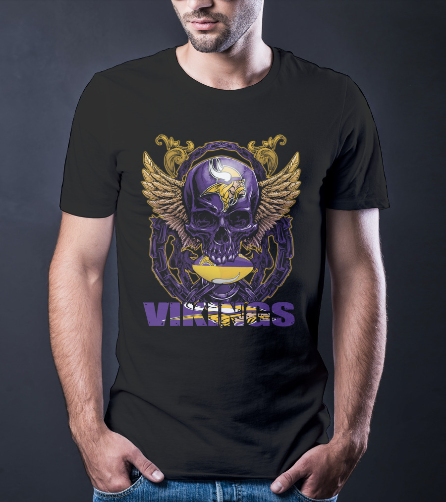Skullfb Minnesota Vikings Winged Skull And Football Helmet T-Shirt