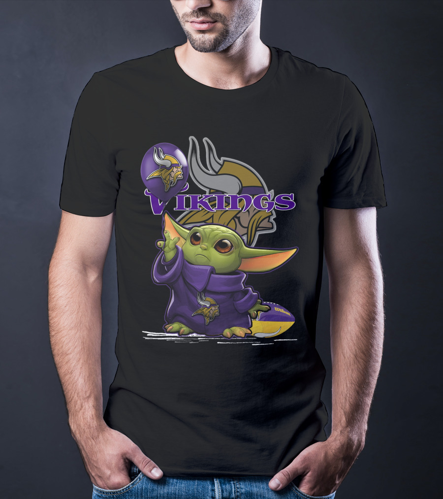 Yoda Holding Minnesota Vikings Football Helmet With Team T-Shirt