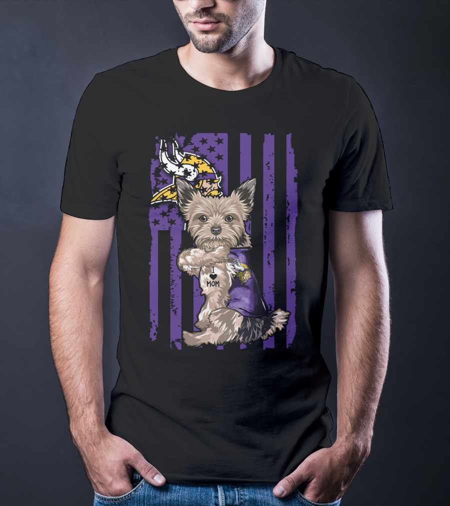 Yorkshire Terrier Wearing Minnesota Vikings I Love Mom Shirt With Viking Head And Purple Distressed Stripes Background T-Shirt