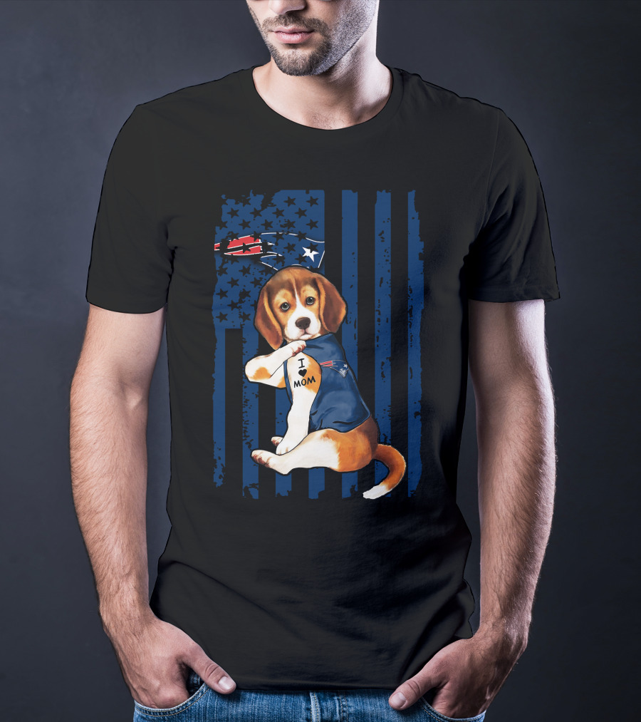 Patriotic Beagle Wearing New England Patriots Jersey I Love Mom T-Shirt