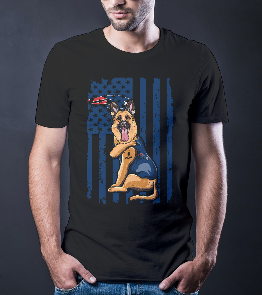 German Shepherd I Love Mom New England Patriots Fan USA Flag T-Shirt