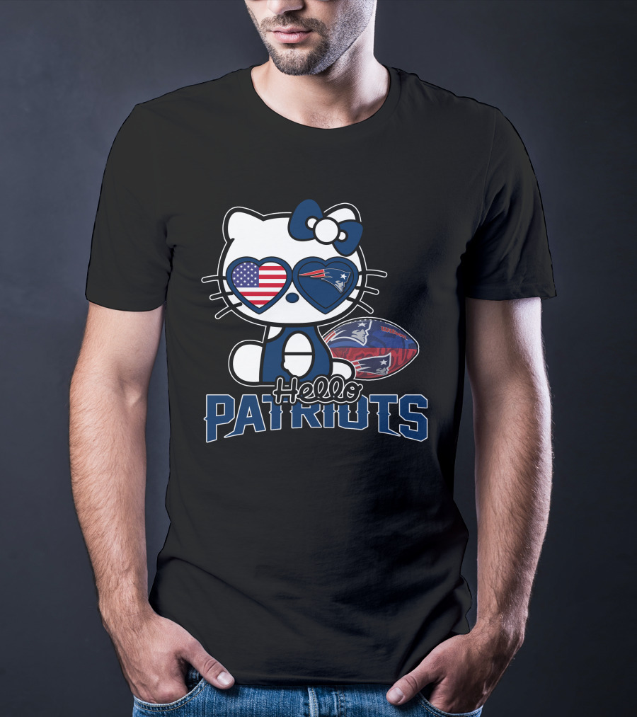 Hello Kitty New England Patriots Football Fan Icon With American Flag Sunglasses T-Shirt