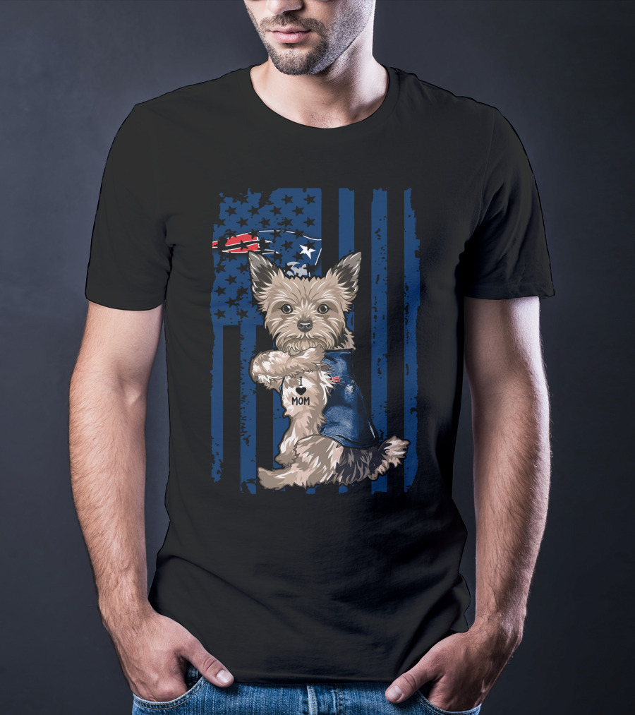 Yorkshire Terrier With I Love Mom Vest And New England Patriots Themed Background T-Shirt