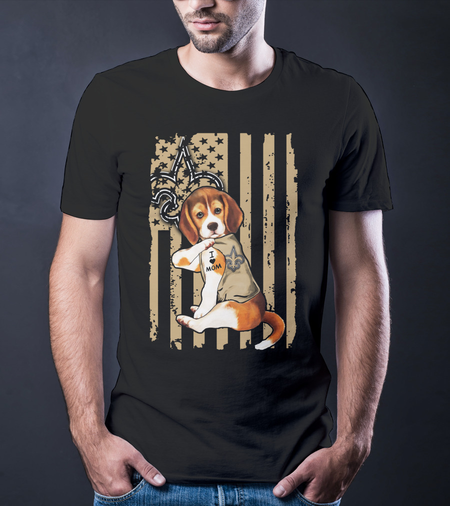 Beagle I Love Mom New Orleans Saints Fleur-de-Lis American Flag T-Shirt