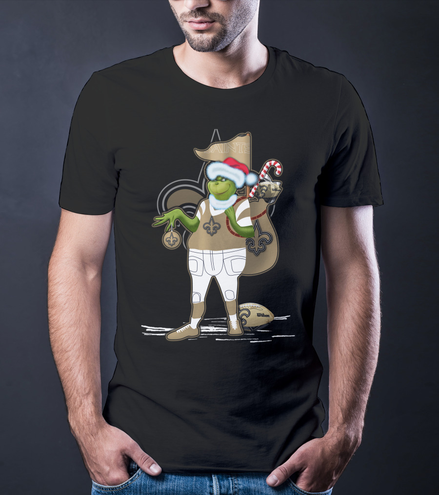 Grinchxmas Santa Hat New Orleans Saints Football Fleur-De-Lis Candy Cane Sack T-Shirt