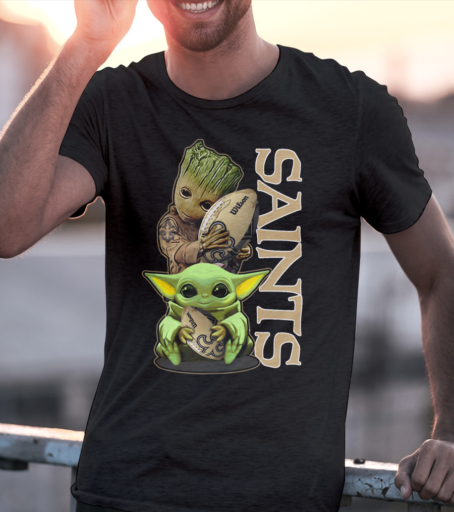 Grzd New Orleans Saints Groot And Baby Yoda Football T-Shirt