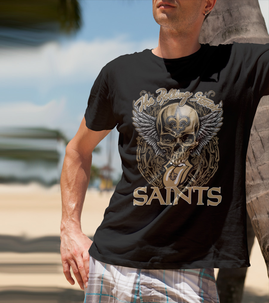 The Rolling Stones New Orleans Saints Skull And Winged Logo With Fleur-De-Lis And Tongue Chain T-Shirt