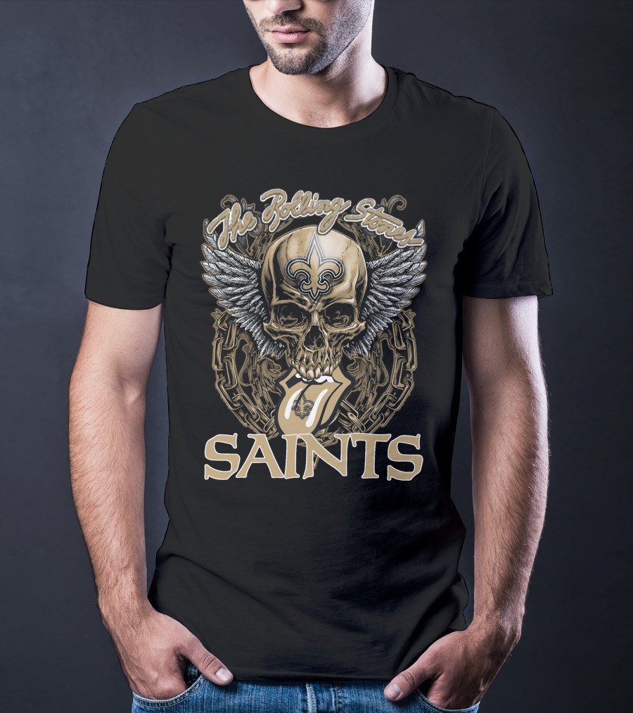 The Rolling Stones New Orleans Saints Skull And Winged Logo With Fleur-De-Lis And Tongue Chain T-Shirt