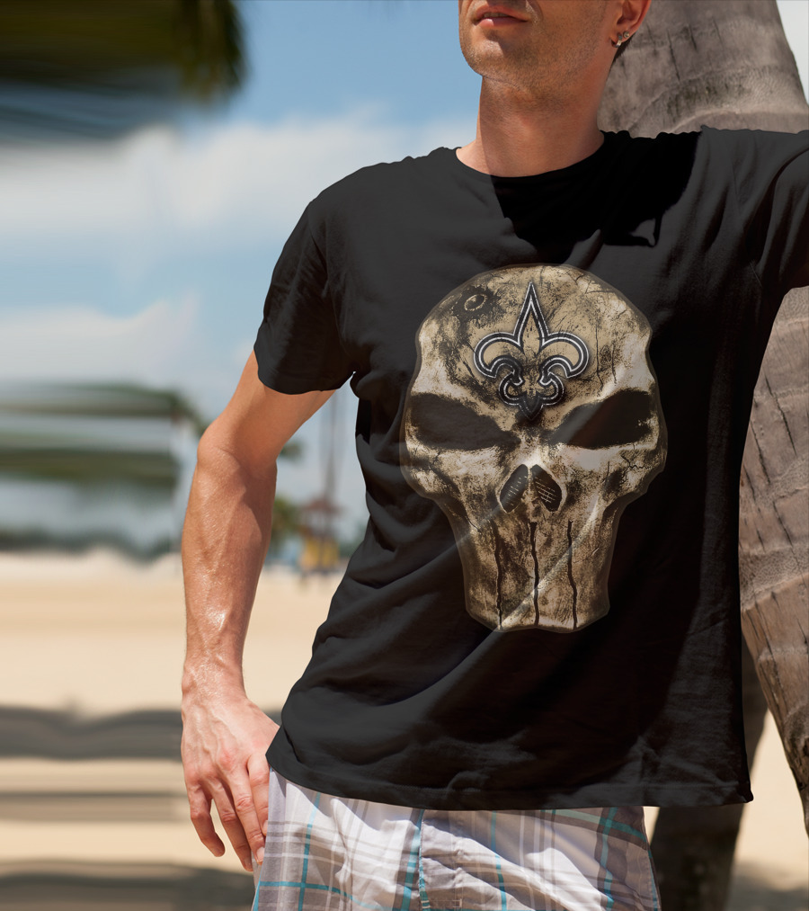 Skull V4 New Orleans Saints Fleur-De-Lis Emblem T-Shirt