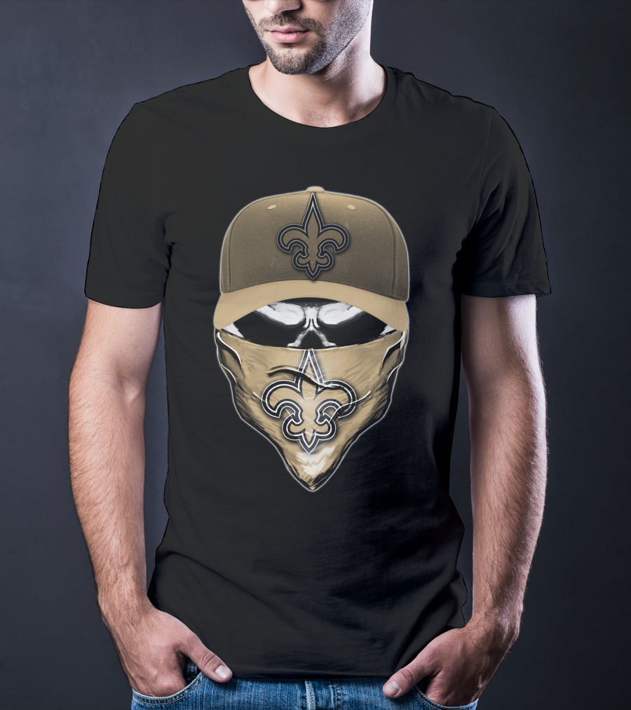 Skull V6 New Orleans Saints Fleur-de-Lis Mask And Cap T-Shirt