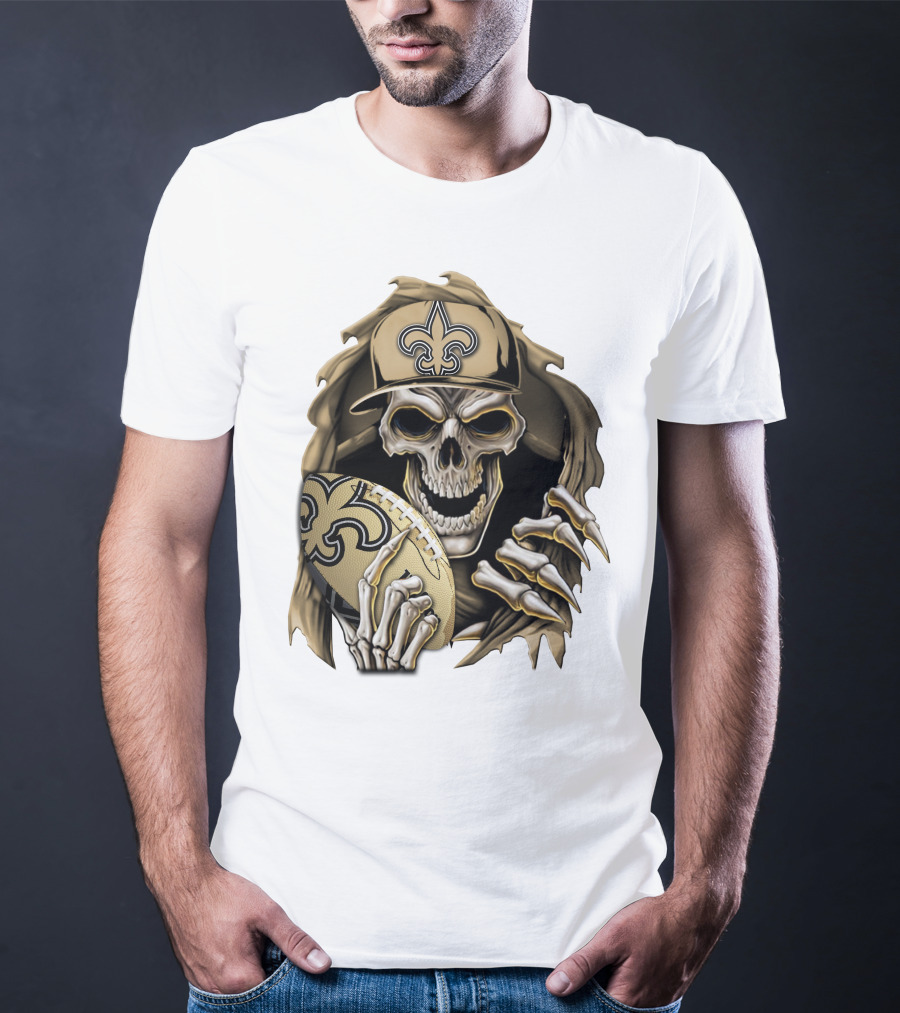 Skullbong New Orleans Saints Skeleton Holding Football With Fleur-de-Lis Cap T-Shirt