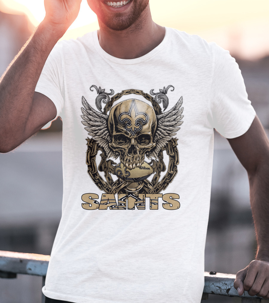 Saints Skullfb Winged Skull With Fleur-de-lis And Chains T-Shirt