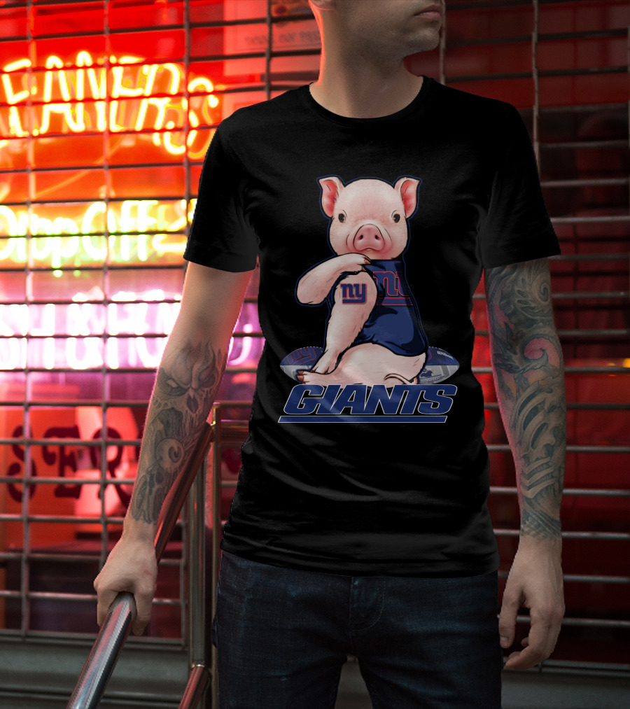 Pig Wearing New York Giants Jersey Sitting On Football Giants T-Shirt