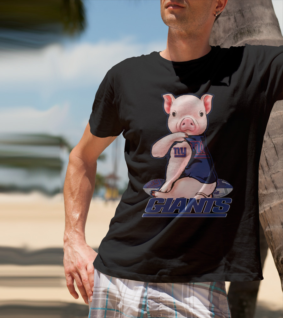 Pig Wearing New York Giants Jersey Sitting On Football Giants T-Shirt