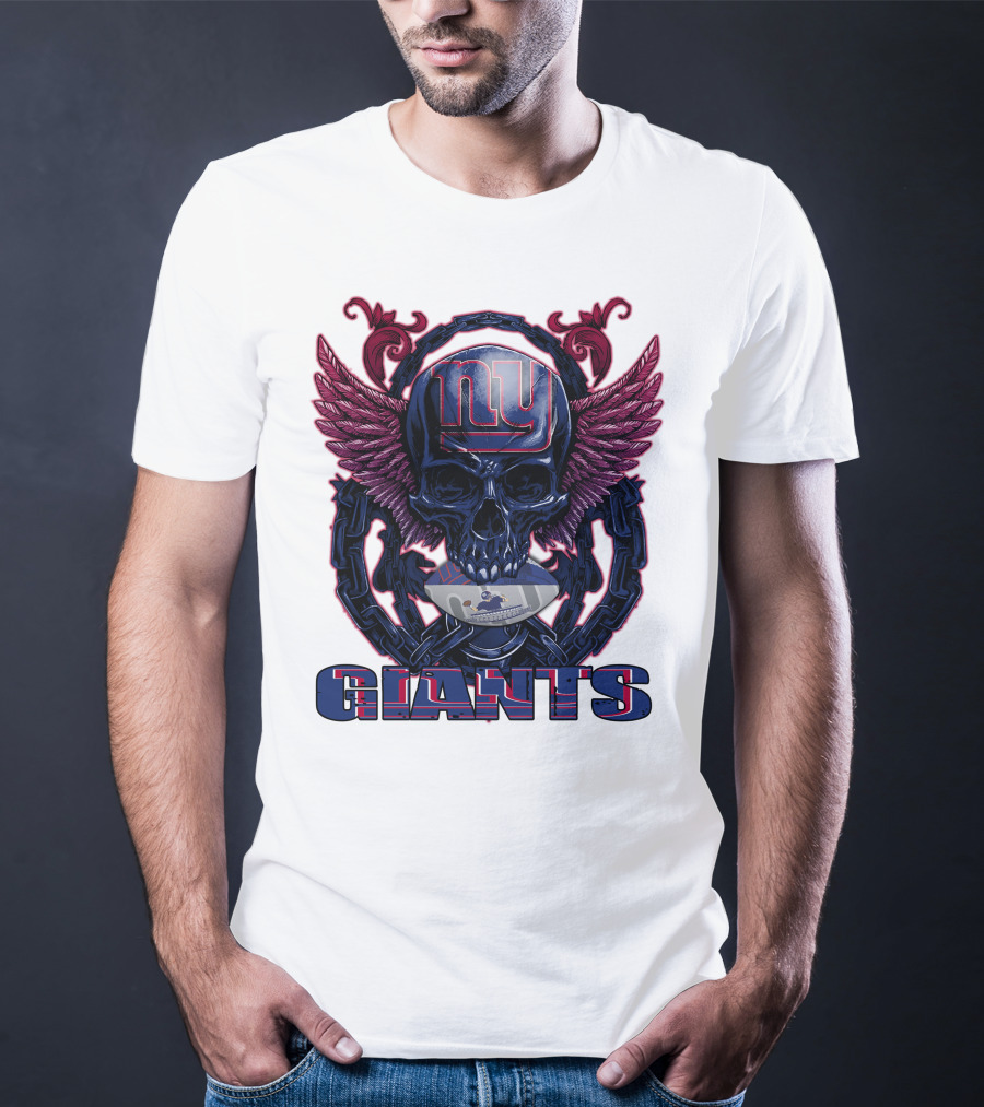 Skullfb New York Giants Winged Skull Design With Football Helmet And Chains T-Shirt