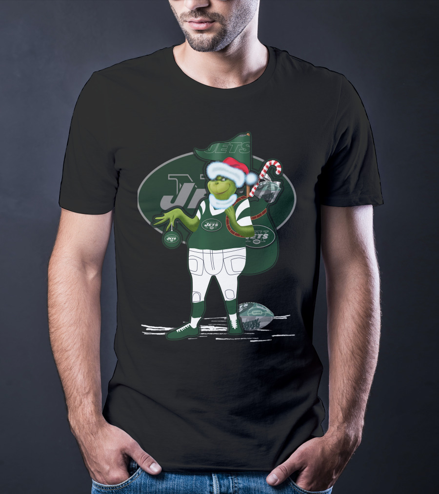 Grinch Christmas New York Jets Football Santa Hat And Sack With Candy Cane T-Shirt
