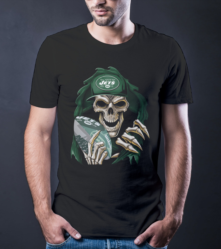 New York Jets Skullbong Skeleton Holding Football T-Shirt