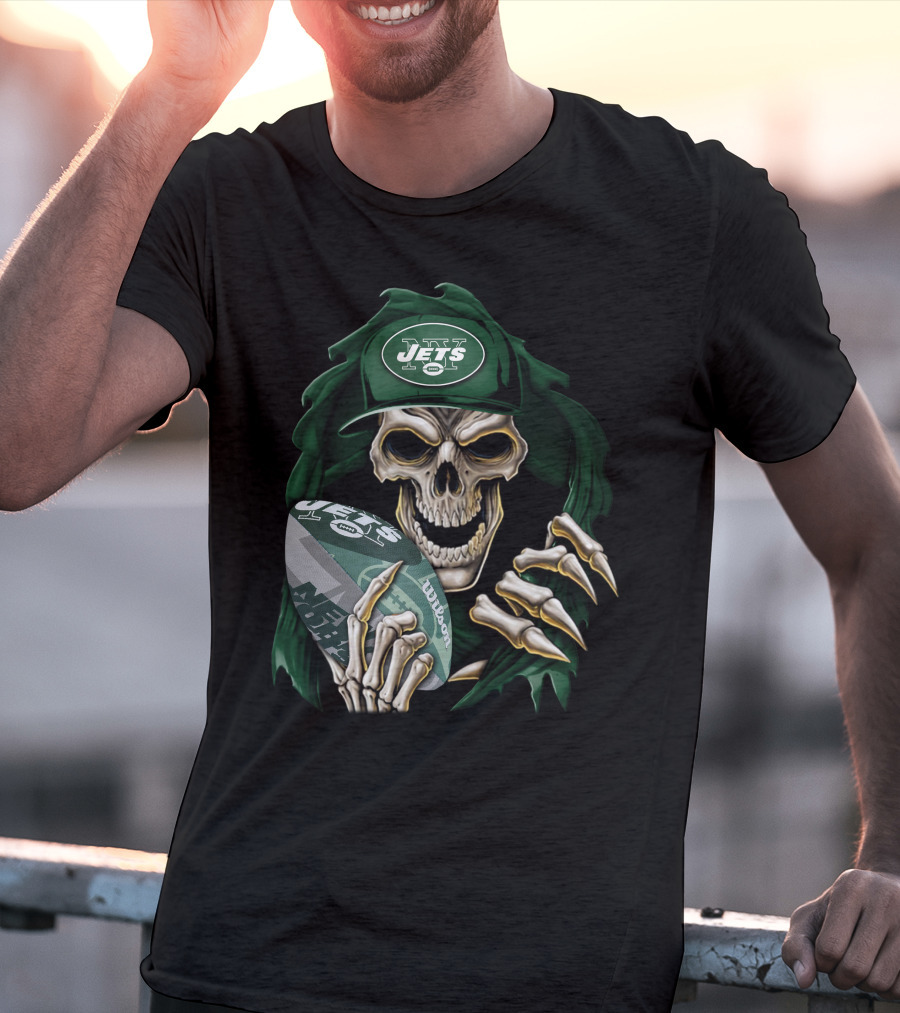 New York Jets Skullbong Skeleton Holding Football T-Shirt